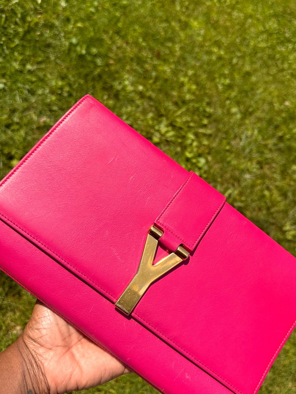 Yves Saint Laurent Inspired Hot Pink Leather Y-Clasp Clutch